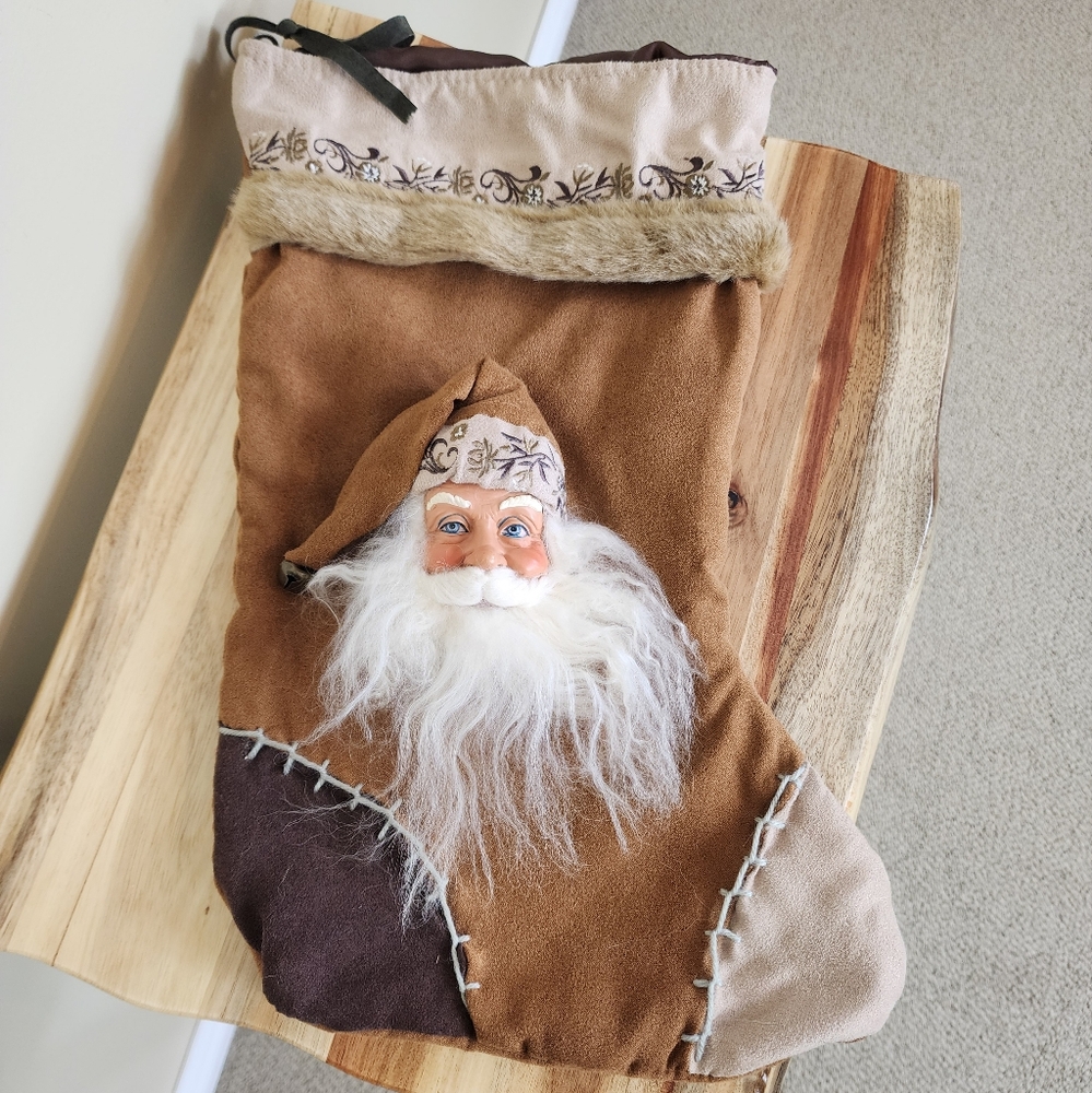 3D Santa Claus Sculpture Christmas Stocking Brown Faux Suede Embroidered